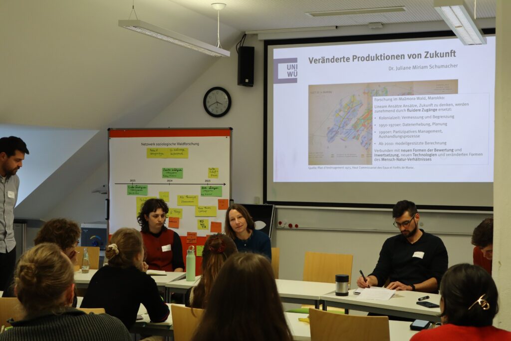 Diskussionsrunde in einem Seminarraum: Mehrere Personen sitzen an Tischen, Im Hintergrund eine Präsentation an der Wand, links daneben eine Pinnwand mit Zetteln und Notizen.